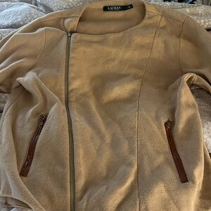 Tan Ralph Lauren sweater with leather zippers